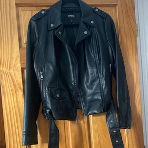 Express Women's Sleek Black Faux Fitted Leather Moto Jacket
